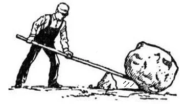 Line drawing of a person levering a large boulder with a pole